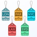 Luggage tag set. Travel and baggage stickers. Labels for suitcases in the Airport. Vector illustration.